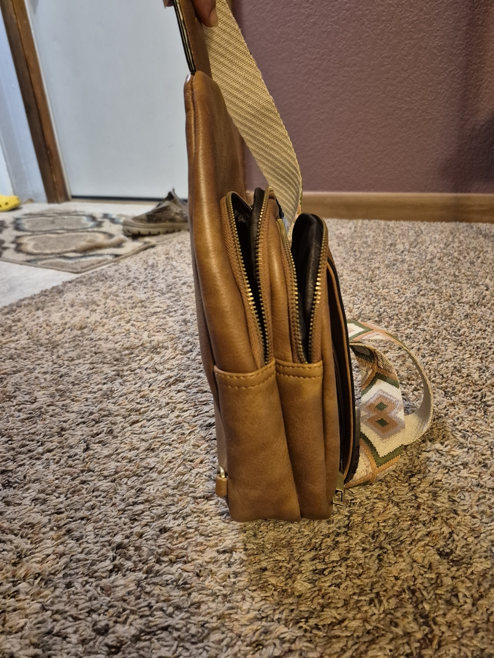 Brown Leather Sling Crossbody Bag with Patterned Strap - Picture 8 of 8